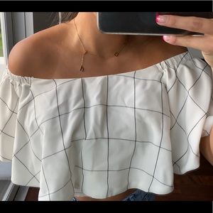 black and white grid off the shoulder shirt